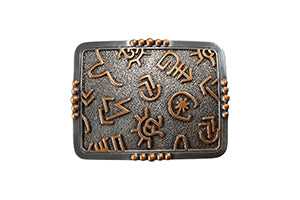 Blazin Roxx women's rectangular belt buckle with pearl and copper cattle brand design.