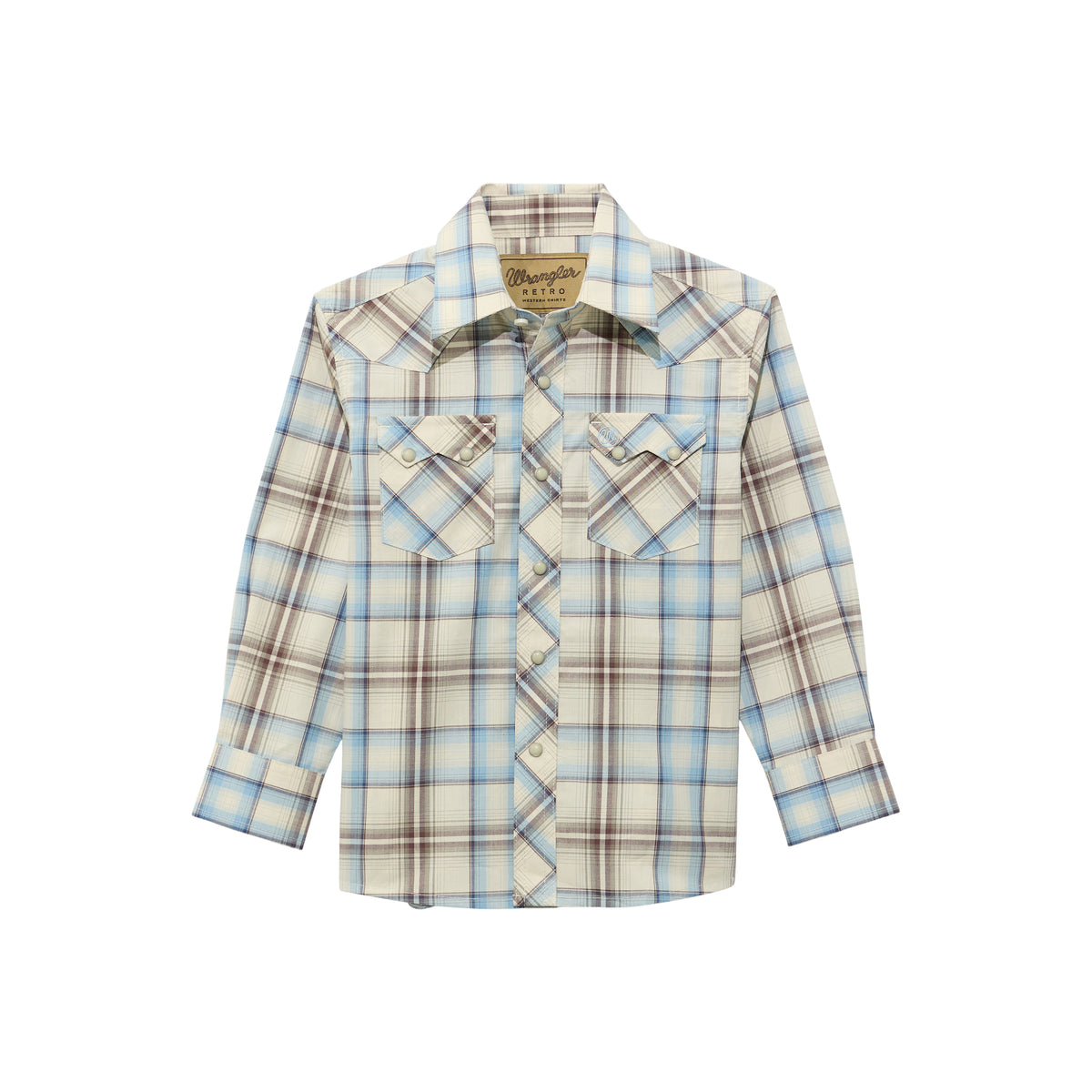 Boy wearing Wrangler Retro® long sleeve shirt in historic tan, featuring classic Western style and button-up design.