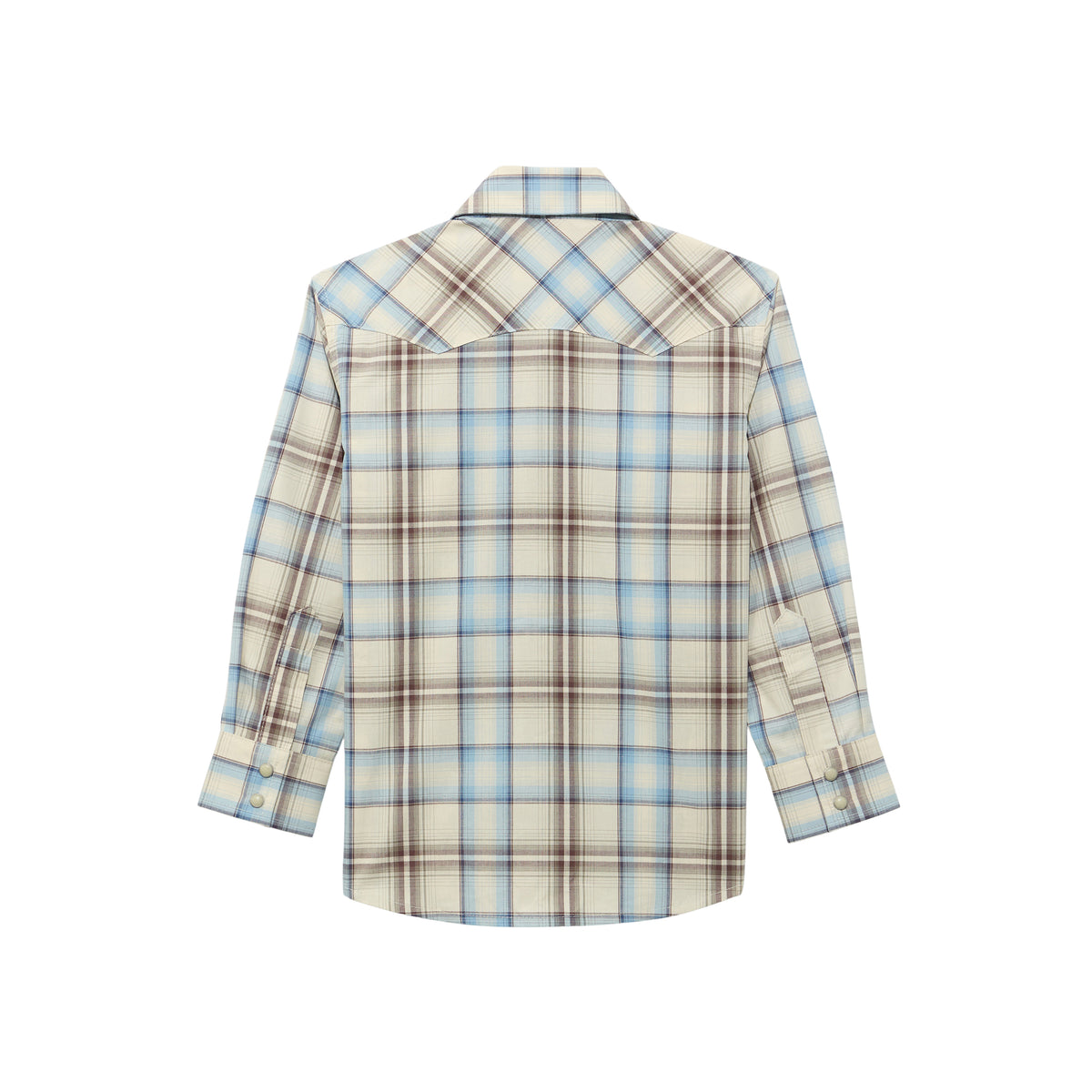 Boy wearing a Wrangler Retro long sleeve shirt in historic tan with button-down front and classic Western style.