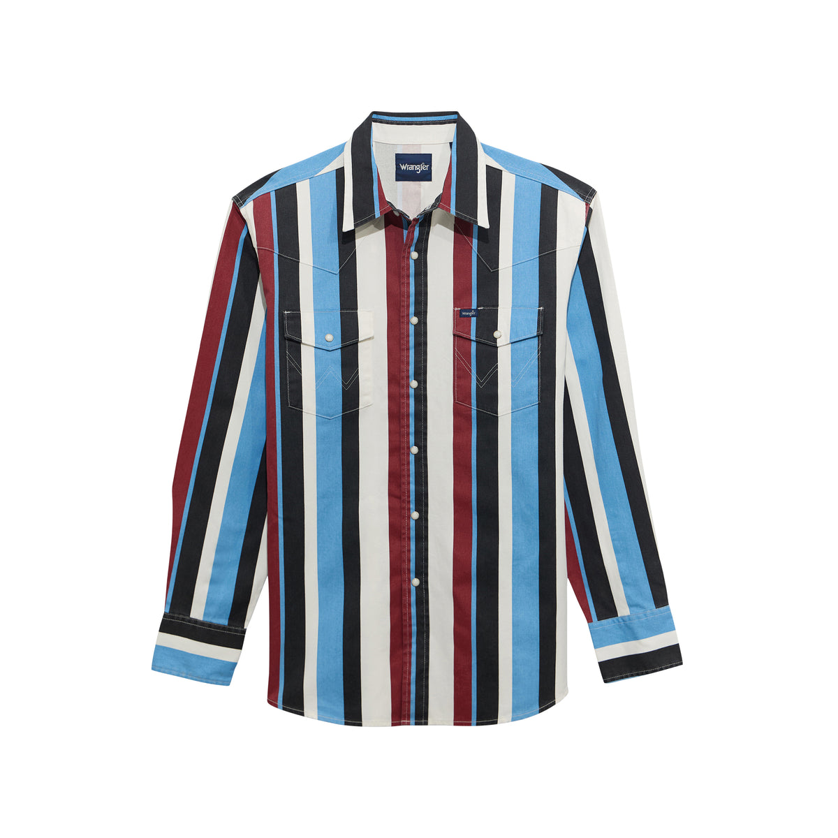 Boys' Wrangler Vintage Brushpopper long sleeve shirt in blue multi with plaid pattern and button-up front.