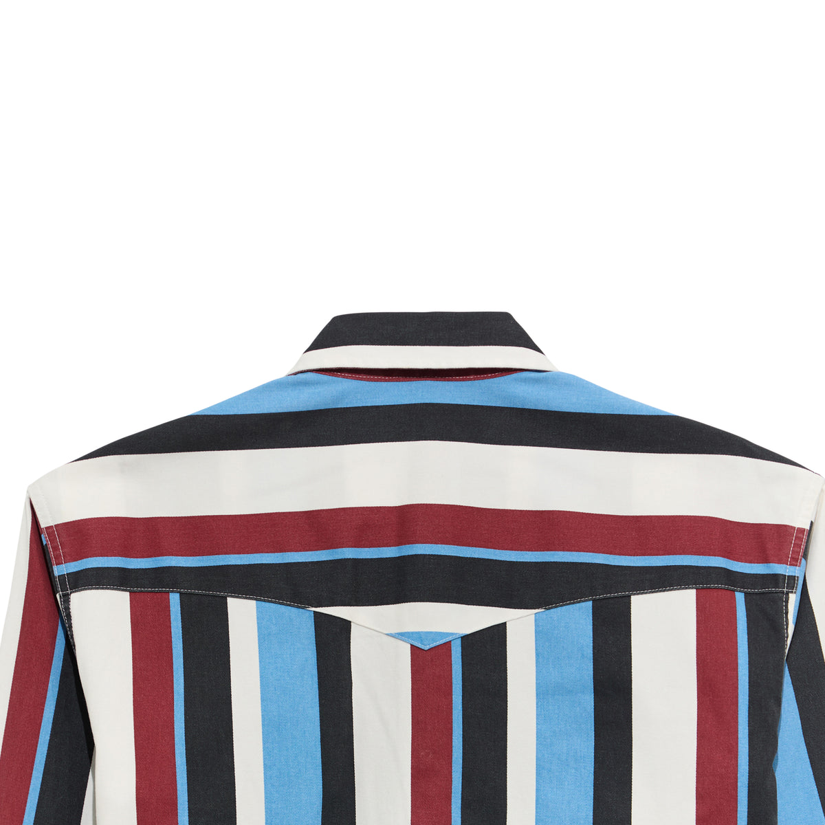 Boy wearing Wrangler vintage Brushpopper long sleeve shirt in blue multi with button-up front and collar.