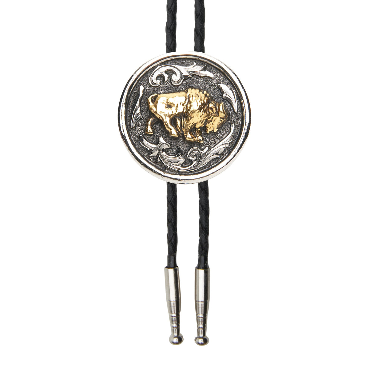 AndWest Buffalo with Scrolls Bolo Tie featuring a detailed buffalo and scroll design on a silver-tone bolo cord.