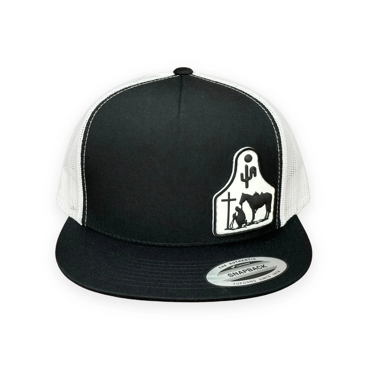 Cactus Alley Hat Co. Cowboy at the Cross Snapback Cap, Black/White Mesh – front