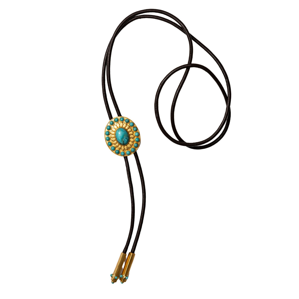 Christina Greene Canyon Sky turquoise bolo tie with silver details, featuring a vibrant turquoise stone centerpiece.