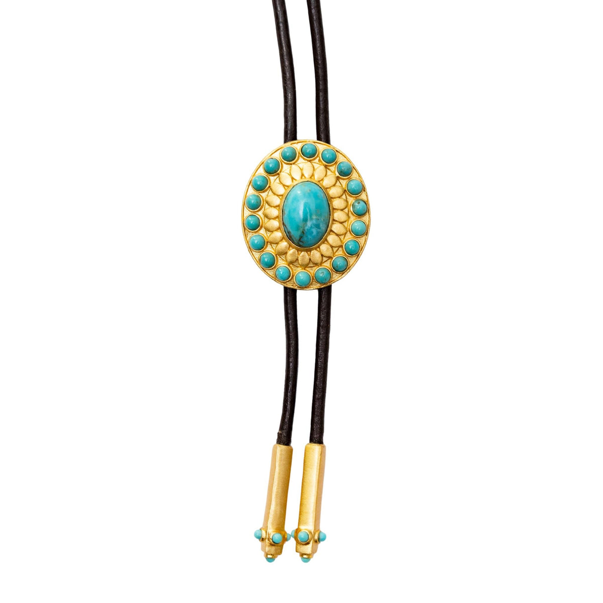 Christina Greene Canyon Sky Turquoise Bolo Tie with silver accents and braided leather cord, showcasing southwestern style and craftsmanship.