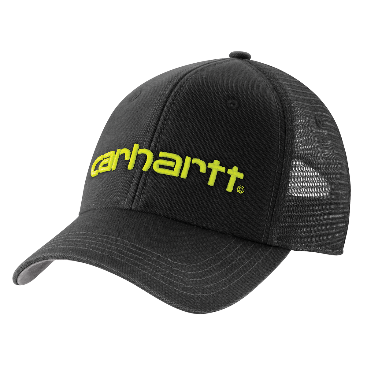 Carhartt men's black and asphalt canvas mesh-back baseball cap with logo graphic and adjustable strap
