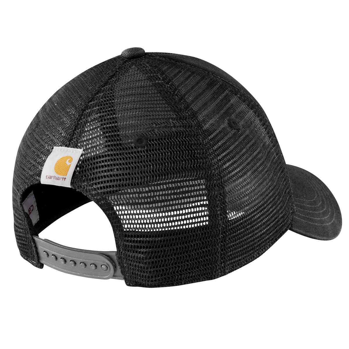 Carhartt men's black and asphalt canvas mesh-back baseball cap with a logo graphic and adjustable strap.