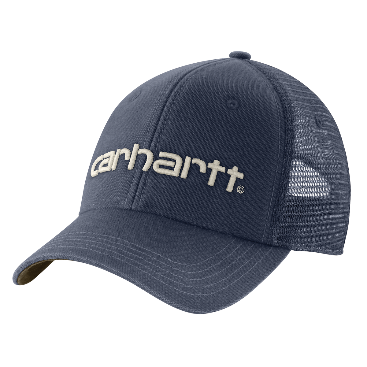Carhartt men's canvas mesh-back baseball cap with logo graphic, in Superstorm and Burnished Logs color.