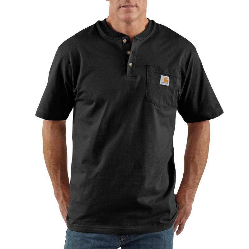 Black Carhartt Men's Dearborn Loose Henley T-Shirt, casual fit with a three-button neckline and comfortable fabric.
