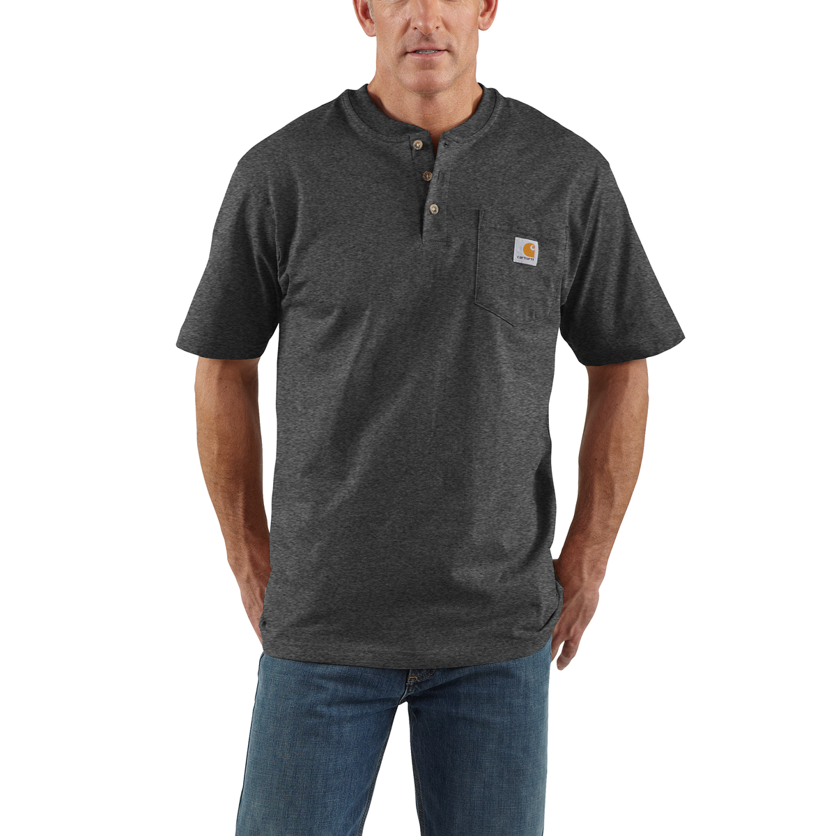 Carhartt Men's Dearborn Loose Henley T-Shirt in Carbon Heather, casual fit, soft fabric, short sleeves, crew neckline, front logo detail