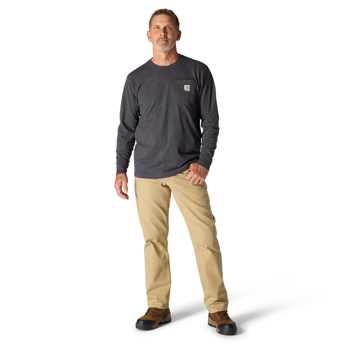 Carhartt Men's Dearborn Loose LS T-Shirt in Carbon Heather, long-sleeve casual t-shirt with a relaxed fit and comfortable fabric.