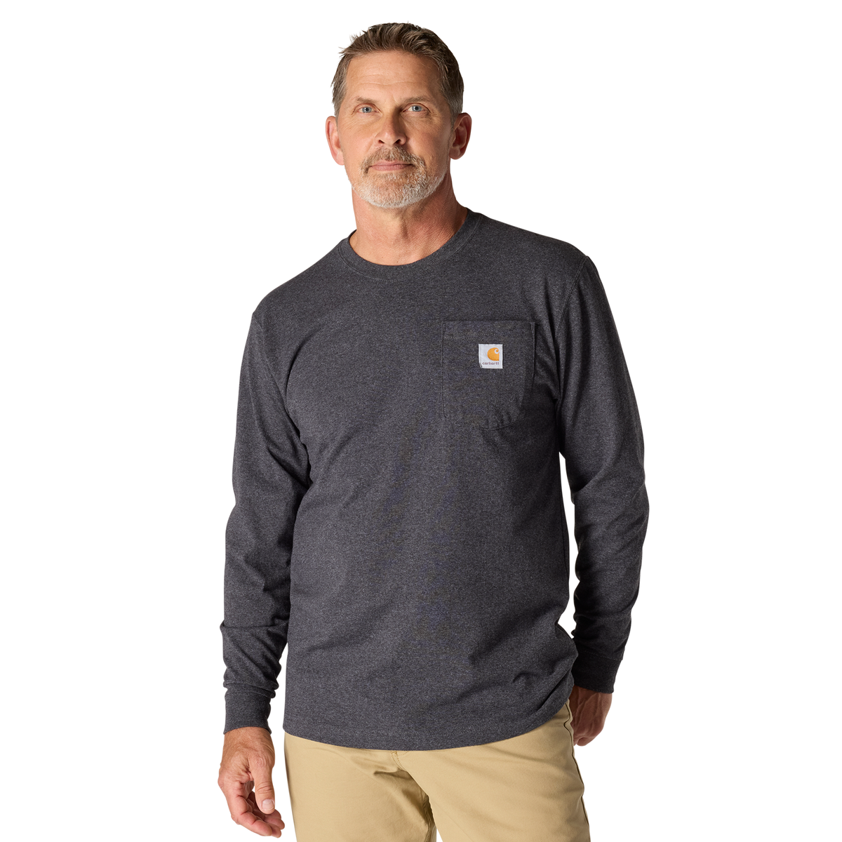Carhartt Men's Dearborn Loose LS T-Shirt in Carbon Heather, lightweight casual T-shirt with long sleeves and comfortable fit.