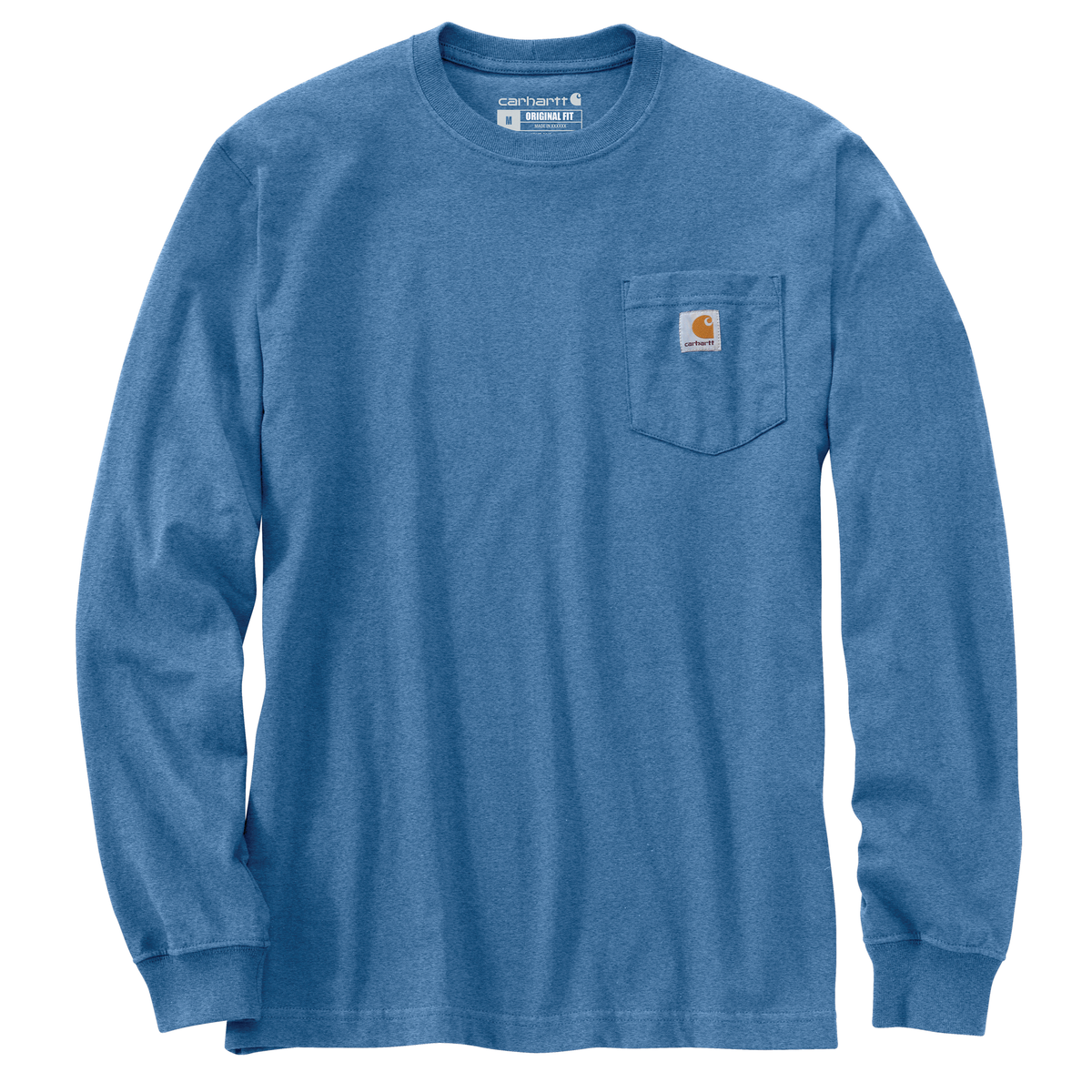 Carhartt Men's Dearborn Loose LS T-Shirt in Deep Workwear Blue Heather, showing the relaxed fit and comfortable cotton fabric.