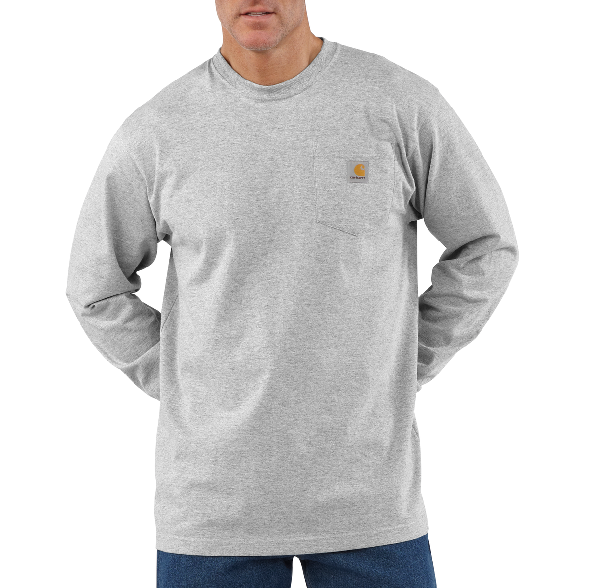 Carhartt men's Dearborn Loose LS T-Shirt in Heather Gray, soft cotton fabric, casual fit, long-sleeve design, front logo detail