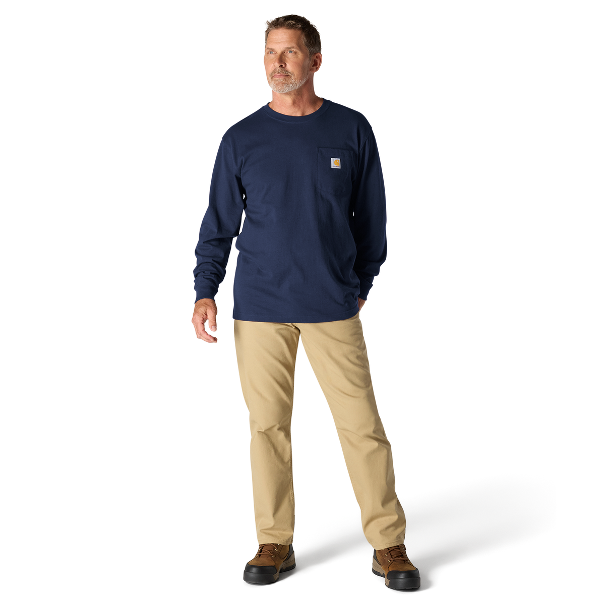 Carhartt men's Dearborn loose long-sleeve T-shirt in navy, casual fit with crew neckline and soft fabric.
