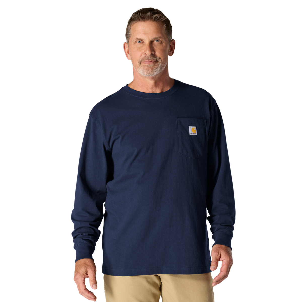 Carhartt men's Dearborn loose fit long sleeve T-shirt in navy, casual crewneck style with soft fabric and relaxed fit.