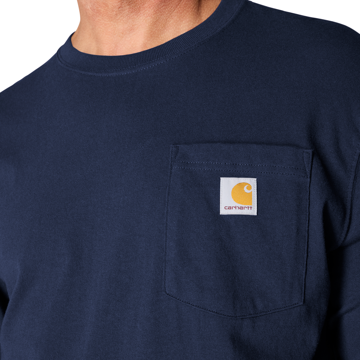 Navy Carhartt Men's Dearborn Loose LS T-Shirt, casual long sleeve tee with logo, made from soft fabric for everyday comfort.