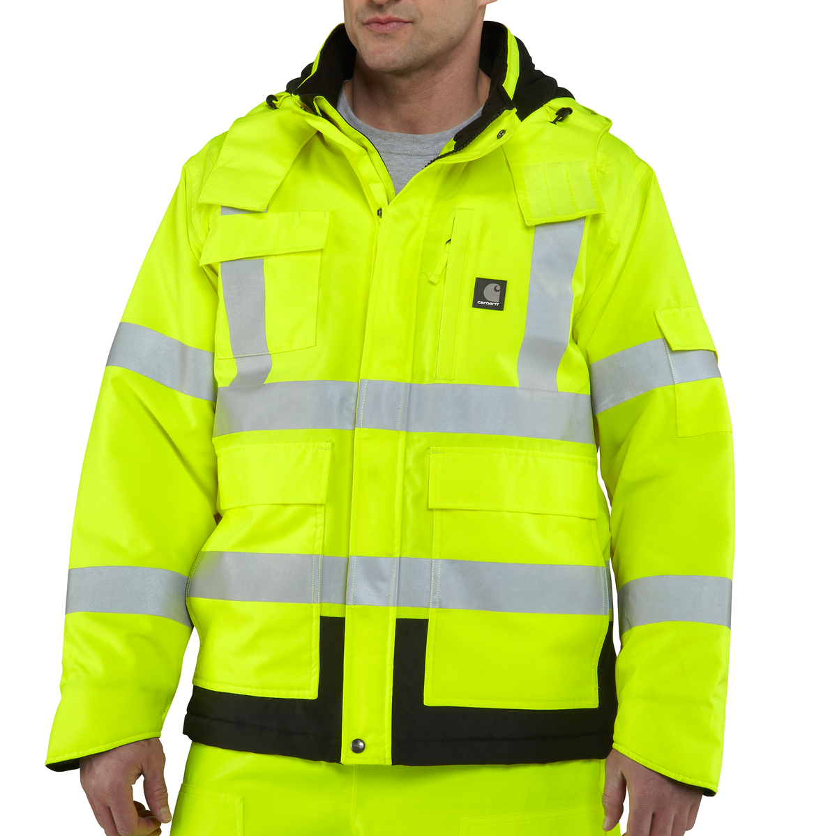 Carhartt Men's HV Sherwood Class 3 jacket in bright lime, a high-visibility overcoat with reflective accents for safety and durability.