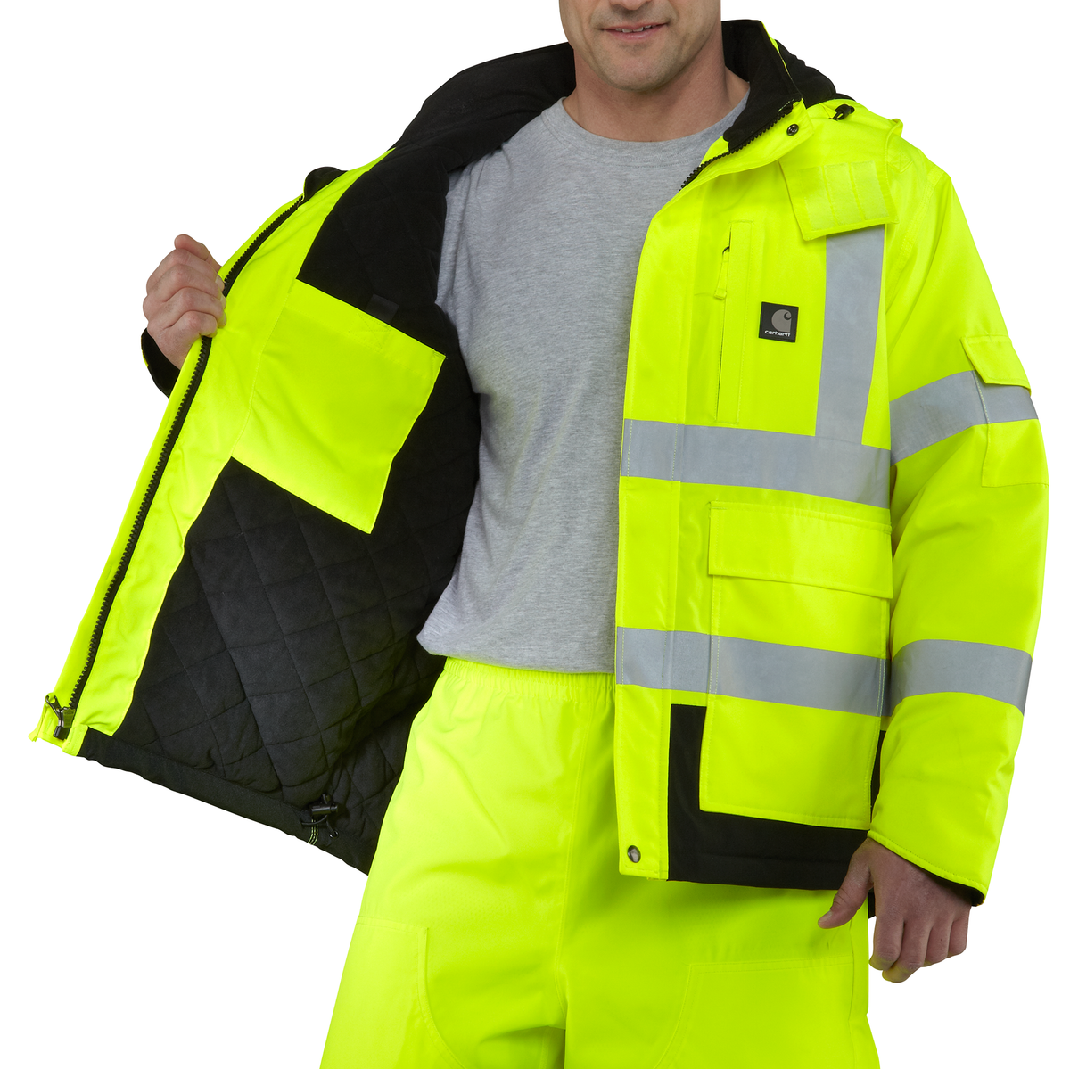 Carhartt Men's HV Sherwood Class 3 Brite Lime jacket, high-visibility overcoat with reflective details and durable fabric.