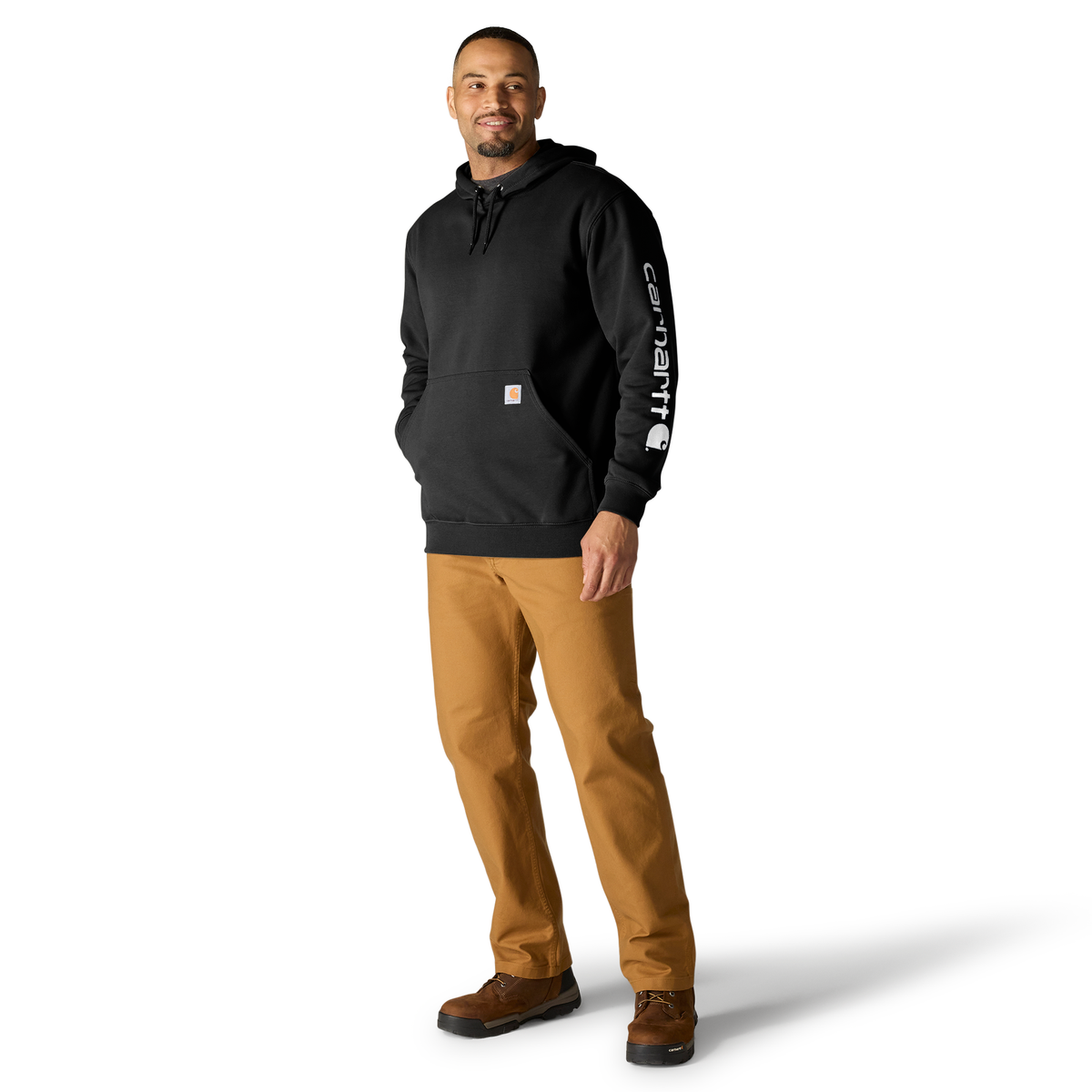Black Carhartt Iconic K288 Logo Sweatshirt featuring the signature Carhartt logo on the front, casual and comfortable fit.