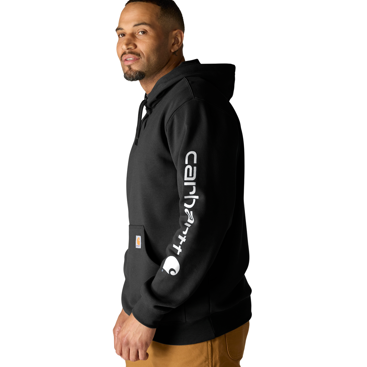 Black Carhartt Men's Iconic K288 Logo Sweatshirt with front logo design, soft fabric, and casual style.
