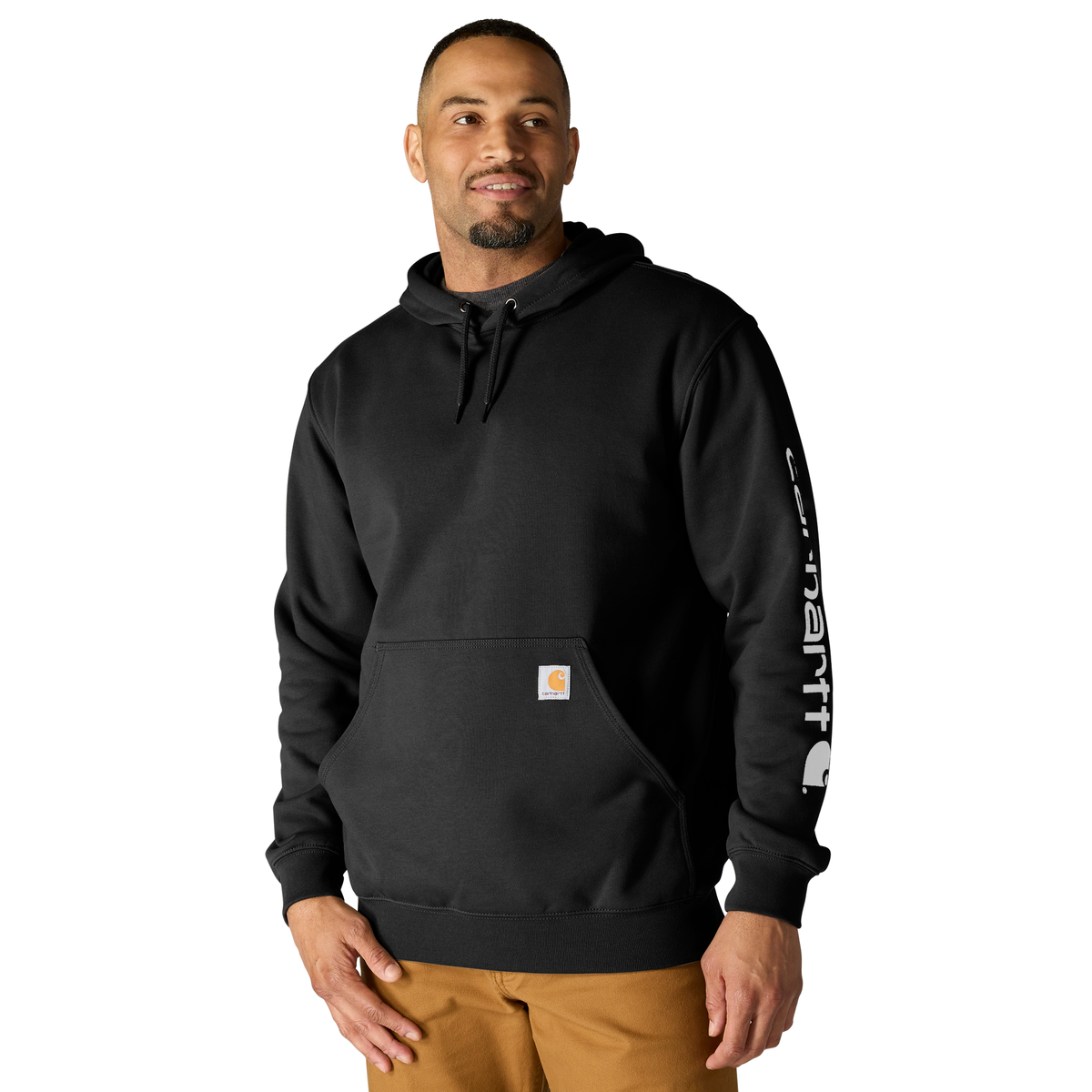 Black Carhartt men's Iconic K288 logo sweatshirt with front logo design and ribbed cuffs on soft, comfortable fabric.