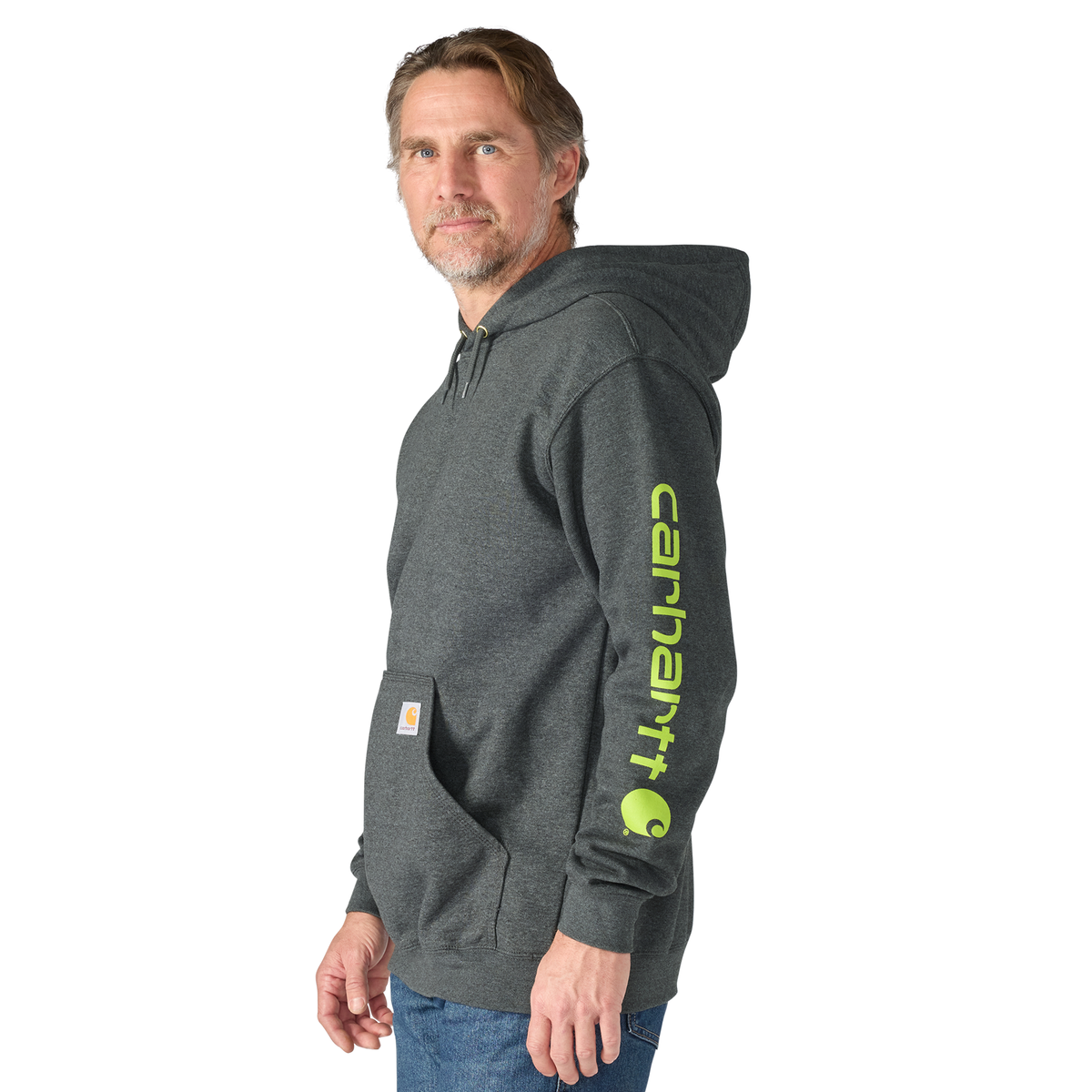 Carhartt men's Iconic K288 logo sweatshirt in carbon heather with front logo and ribbed cuffs and hem.