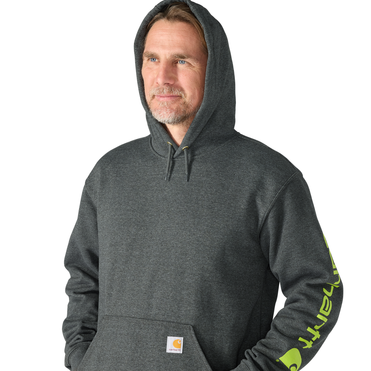 Carhartt men's Iconic K288 logo sweatshirt in carbon heather with ribbed cuffs and waistband, casual fit, soft cotton blend fabric.
