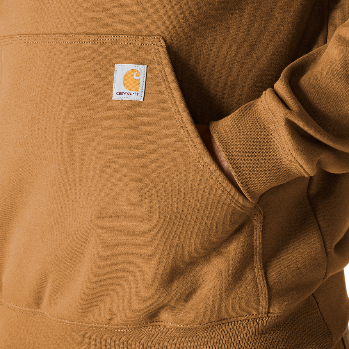 Carhartt men's brown Iconic K288 logo sweatshirt showing the front with the Carhartt logo and ribbed cuffs and hem.
