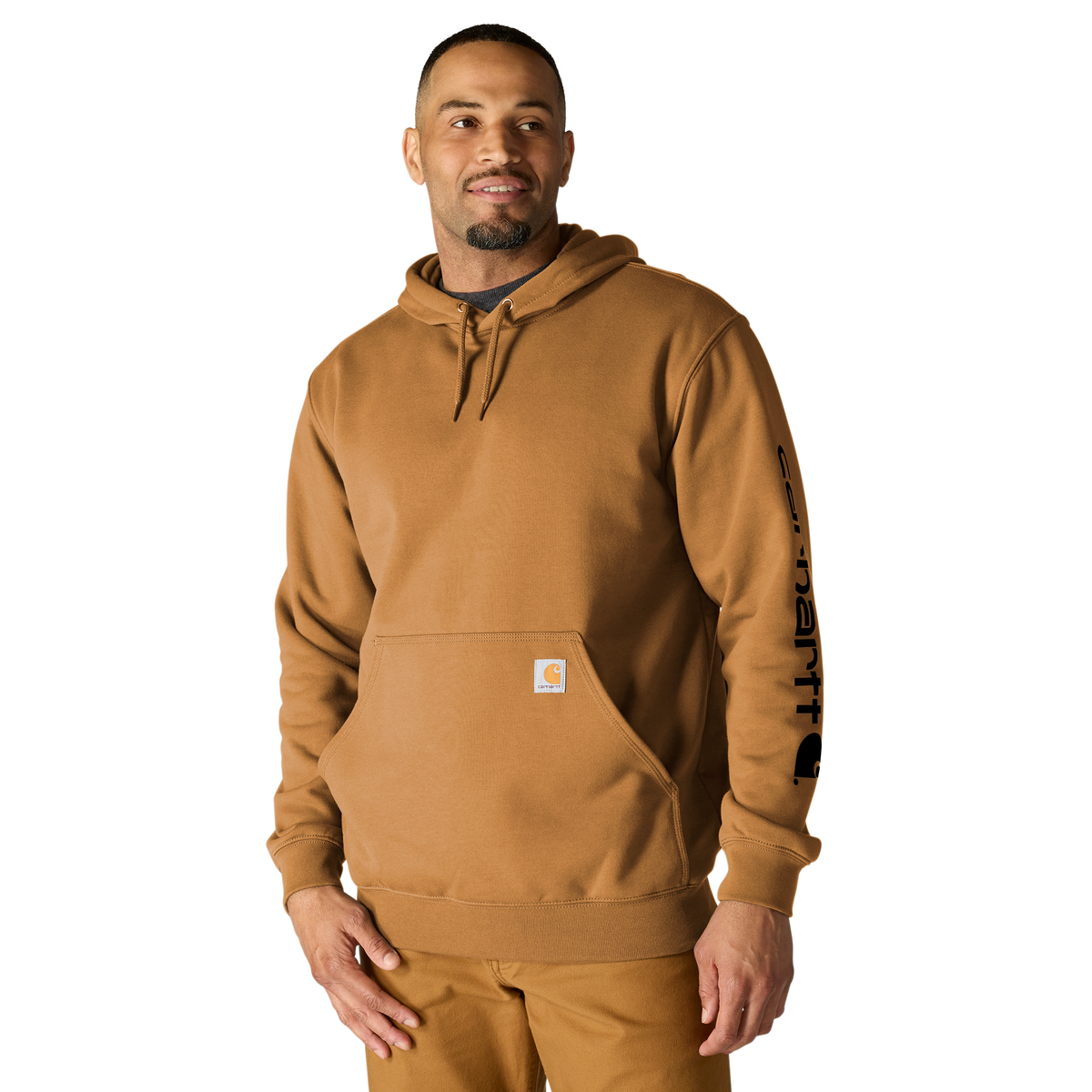Carhartt men's brown Iconic K288 logo sweatshirt showing a comfortable fit and the brand's signature logo on the front.