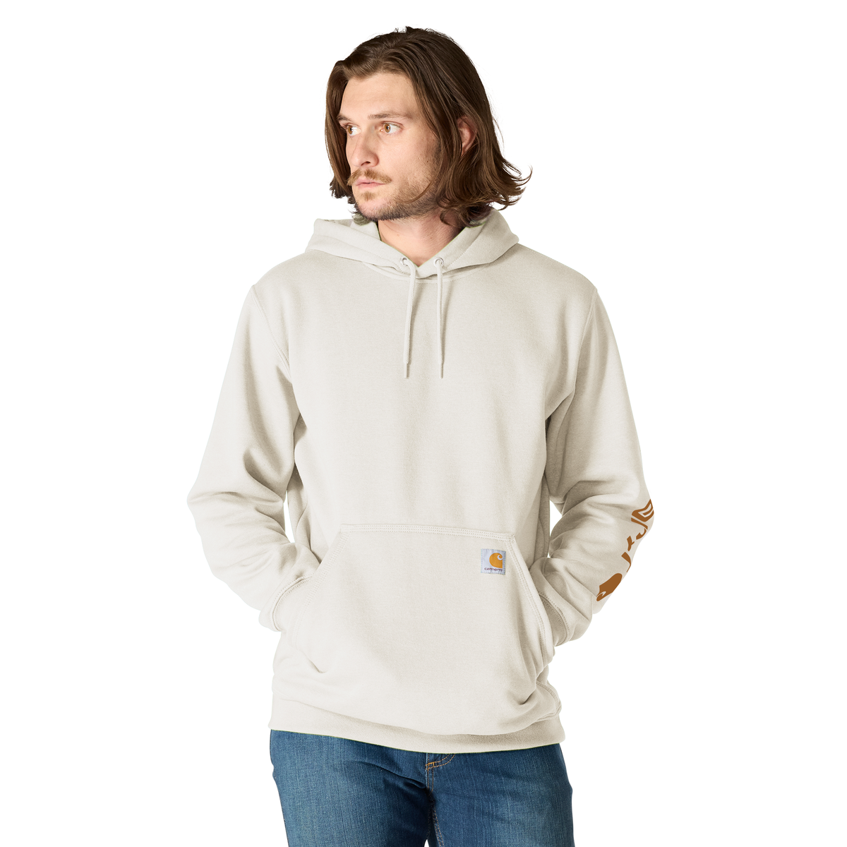 Carhartt men's Iconic K288 logo sweatshirt in malt color, casual crewneck with logo on chest, made of comfortable sweatshirt fabric.