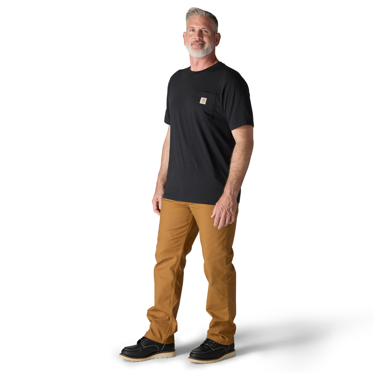 Black Carhartt men's Iconic K87 pocket T-shirt with front chest pocket and classic fit, made of durable cotton fabric.