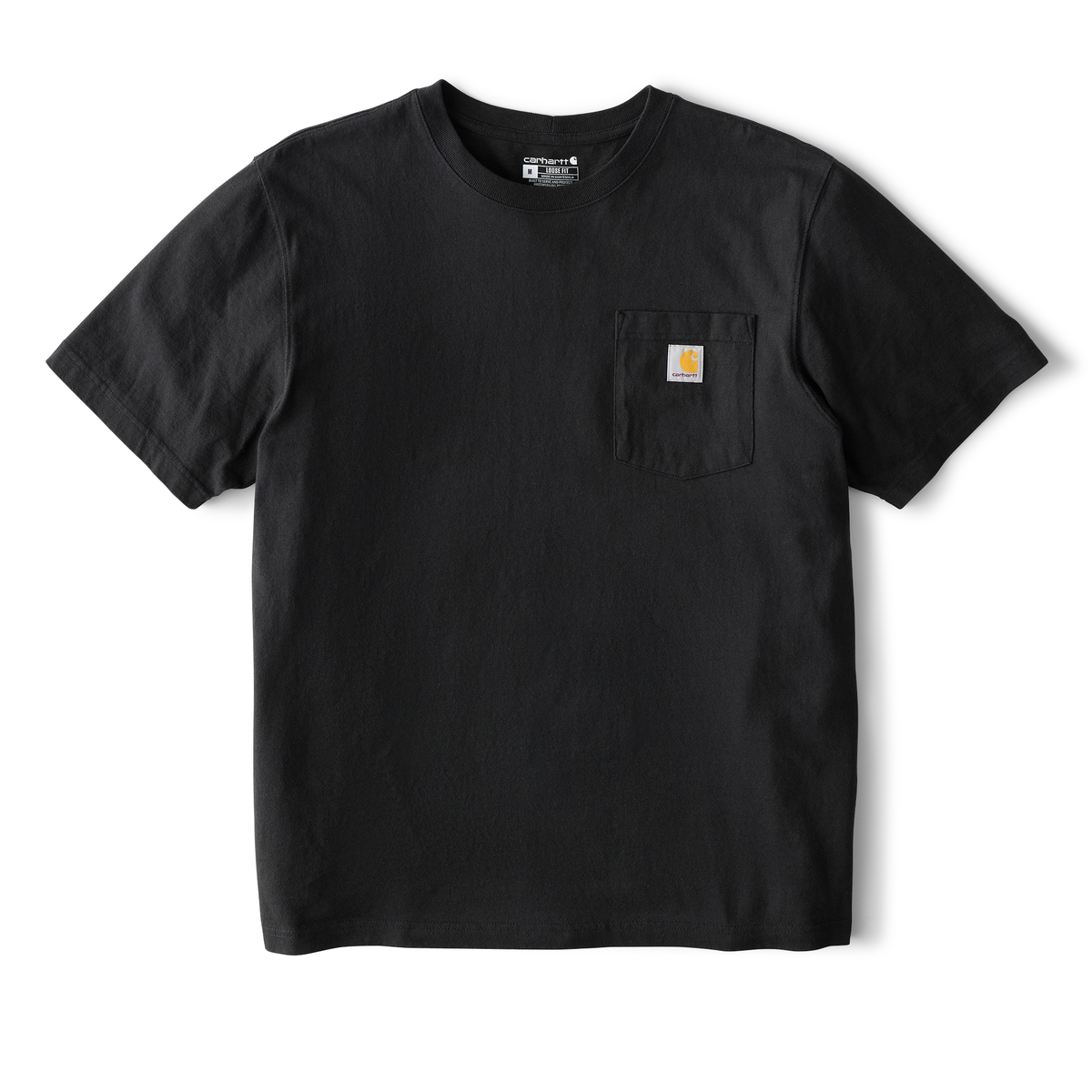 Black Carhartt men's K87 pocket T-shirt with classic crew neck and chest pocket, made of durable cotton fabric.