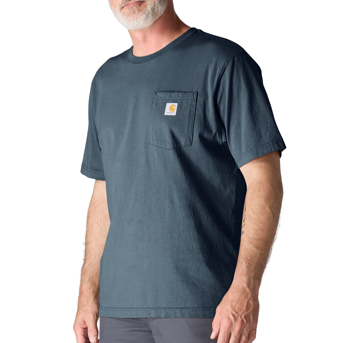 Carhartt men's K87 pocket T-shirt in Bluestone, featuring a classic crewneck and chest pocket, made of durable cotton.