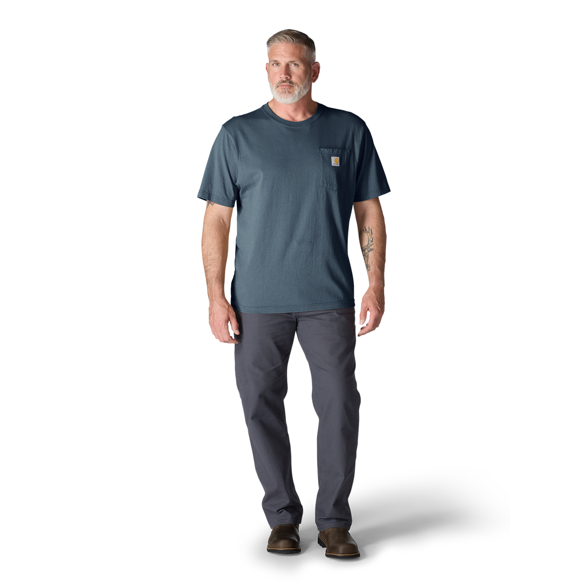 Carhartt men's Blue Stone K87 pocket T-shirt, casual cotton tee with chest pocket and classic fit.
