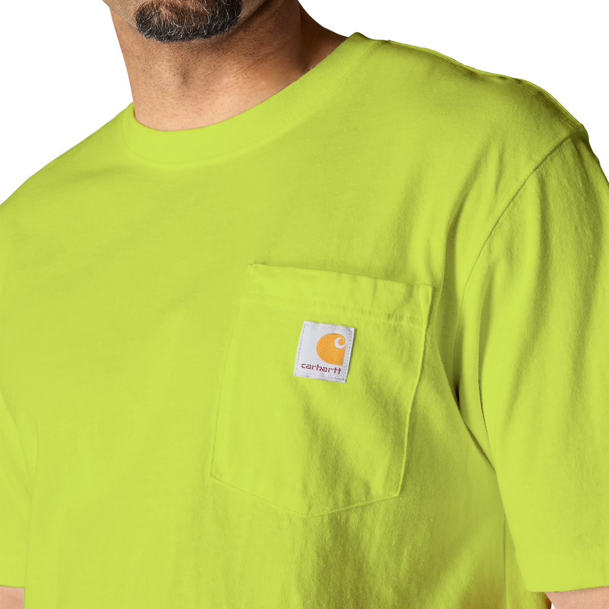 Carhartt Men's Iconic K87 Pocket T-Shirt in Brite Lime, durable cotton tee with chest pocket and classic fit.