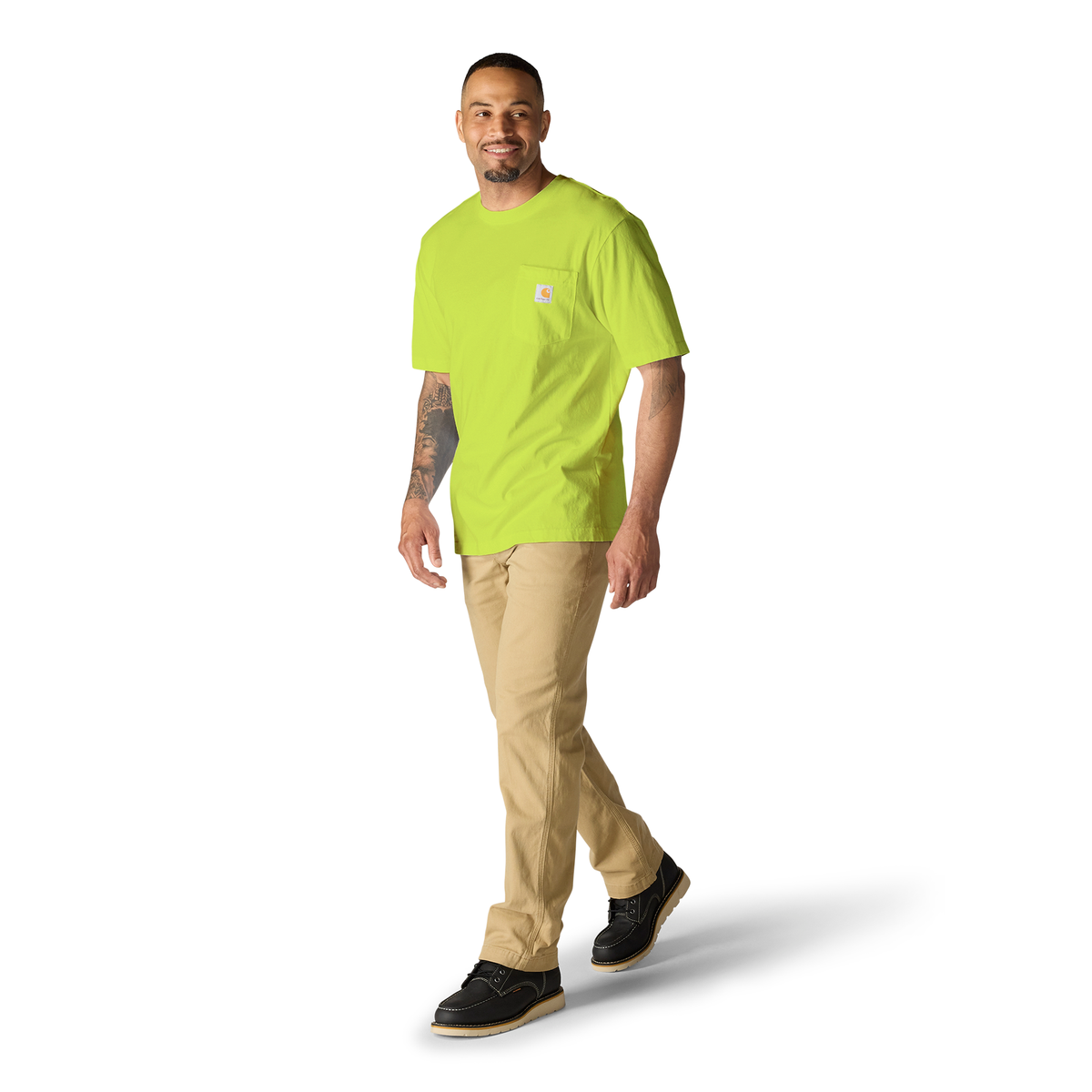 Carhartt men's K87 pocket T-shirt in bright lime color, made of soft cotton with a chest pocket and durable design.