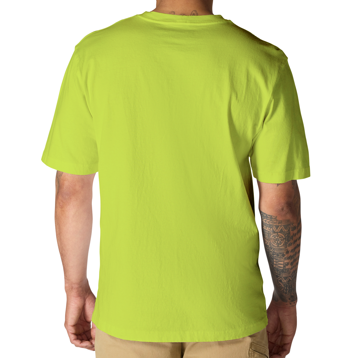 Carhartt men's K87 pocket T-shirt in bright lime color, featuring classic crewneck and chest pocket detail.