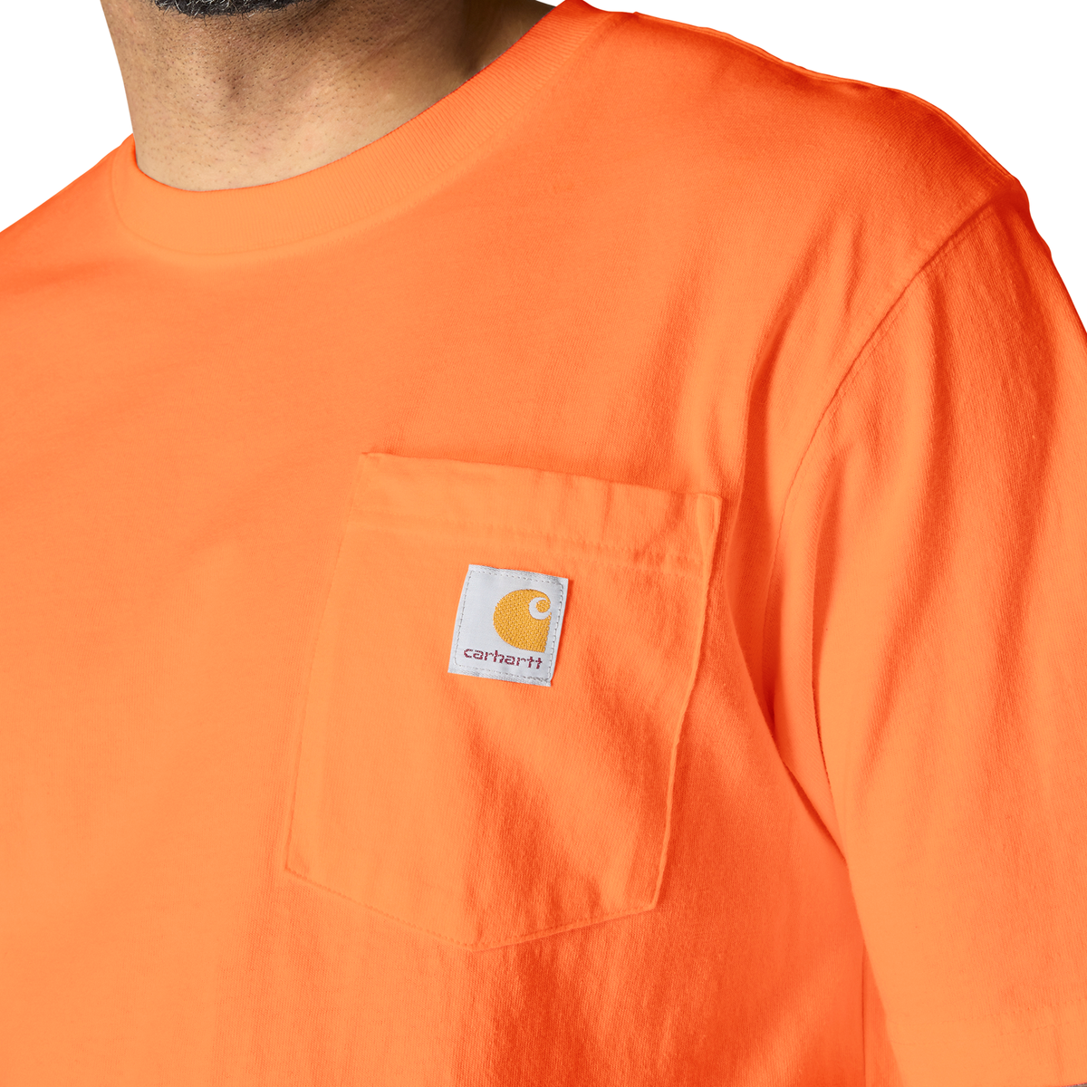 Carhartt men's bright orange Iconic K87 pocket T-shirt, casual cotton t-shirt with chest pocket and classic branding.