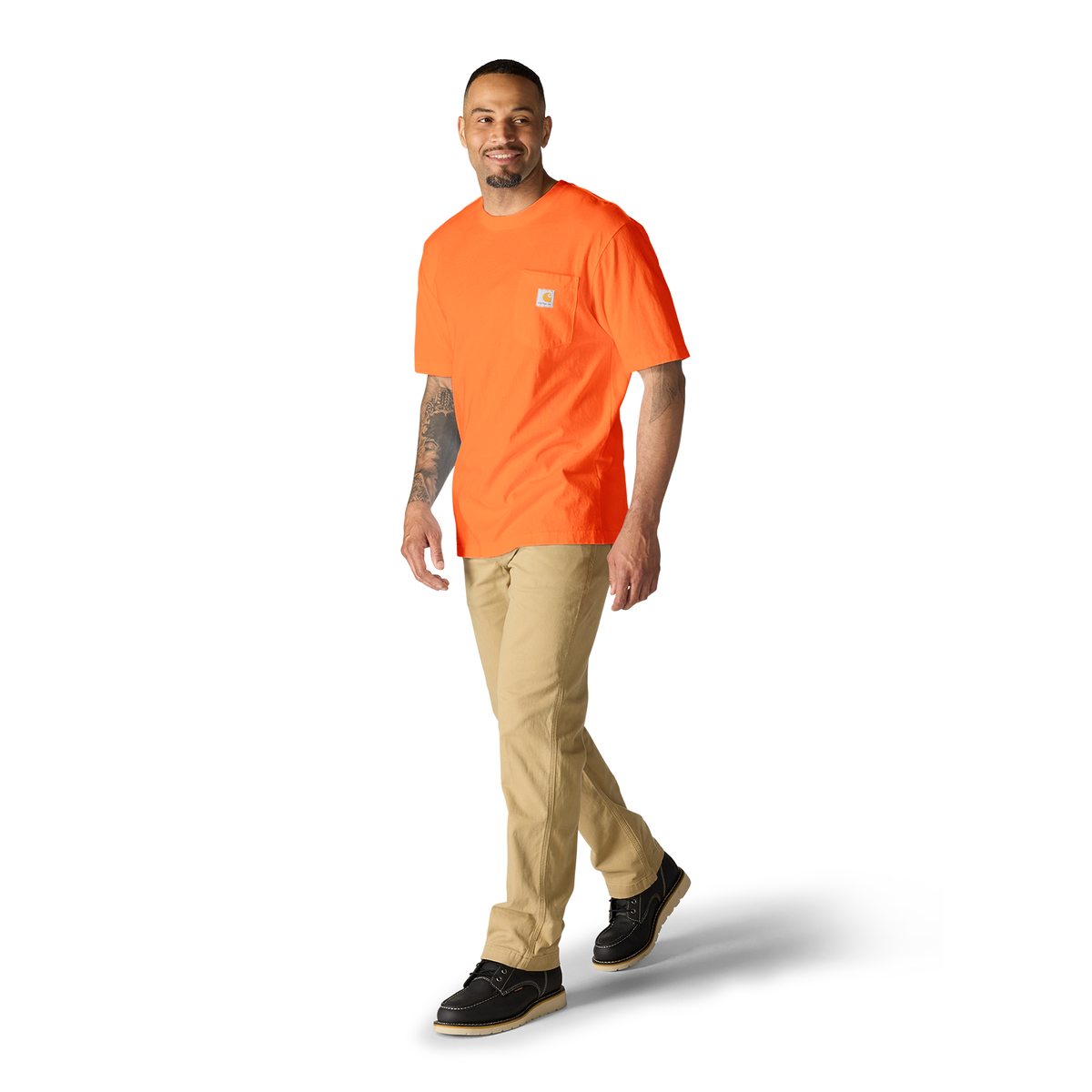 Carhartt men's Iconic K87 pocket T-shirt in bright orange, soft cotton fabric with chest pocket and classic fit.