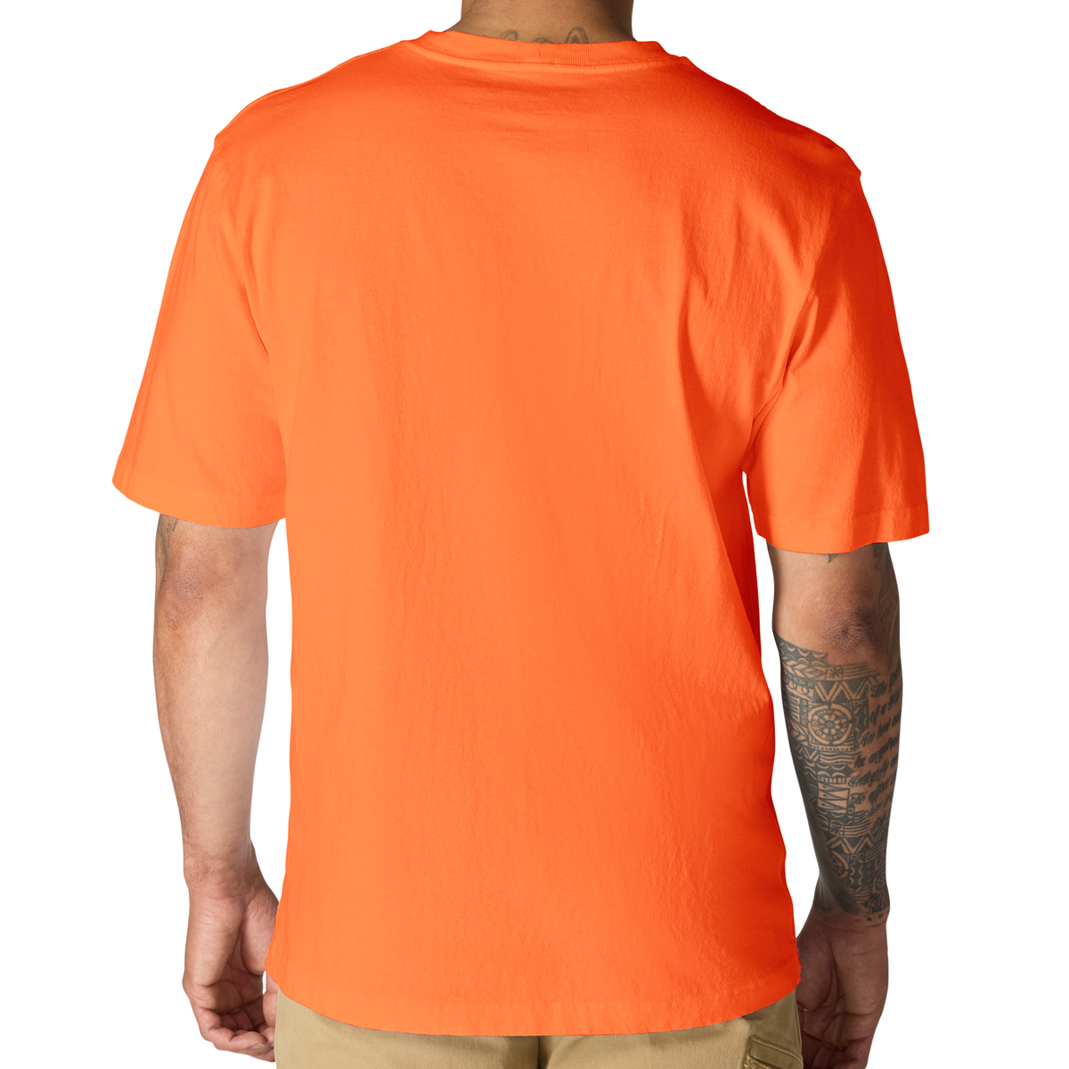 Carhartt men's Brite Orange K87 pocket T-shirt with classic crew neck and chest pocket, made of durable cotton fabric.