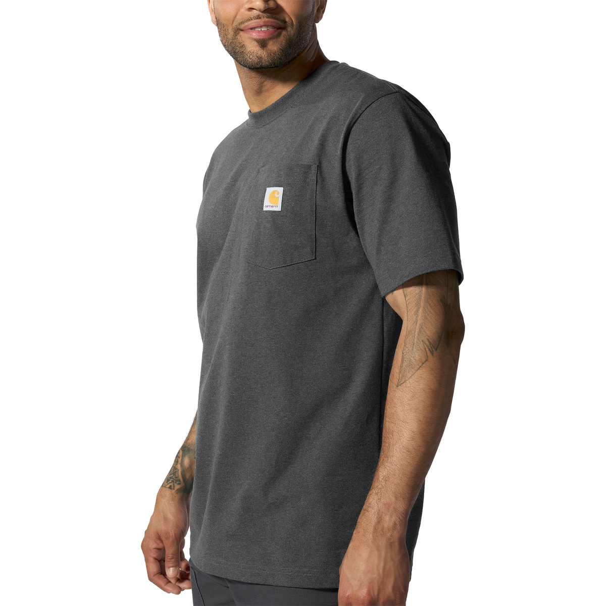 Carhartt men's Iconic K87 pocket T-shirt in carbon heather fabric, casual short-sleeve crewneck with front chest pocket.