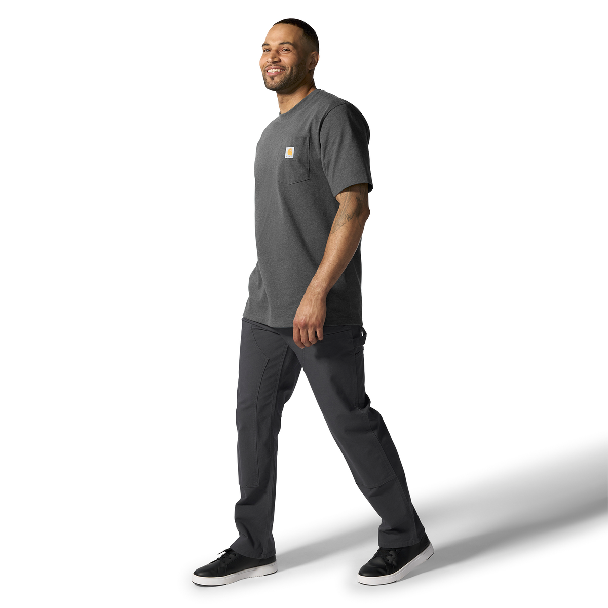 Carhartt men's Iconic K87 pocket T-shirt in carbon heather, featuring a classic crew neck and chest pocket, casual fit.