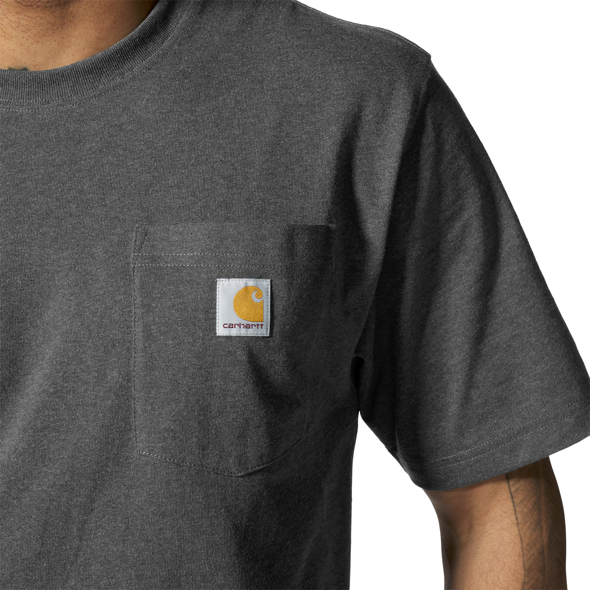 Carhartt men's Iconic K87 pocket T-shirt in Carbon Heather, casual cotton T-shirt with chest pocket and Carhartt branding.