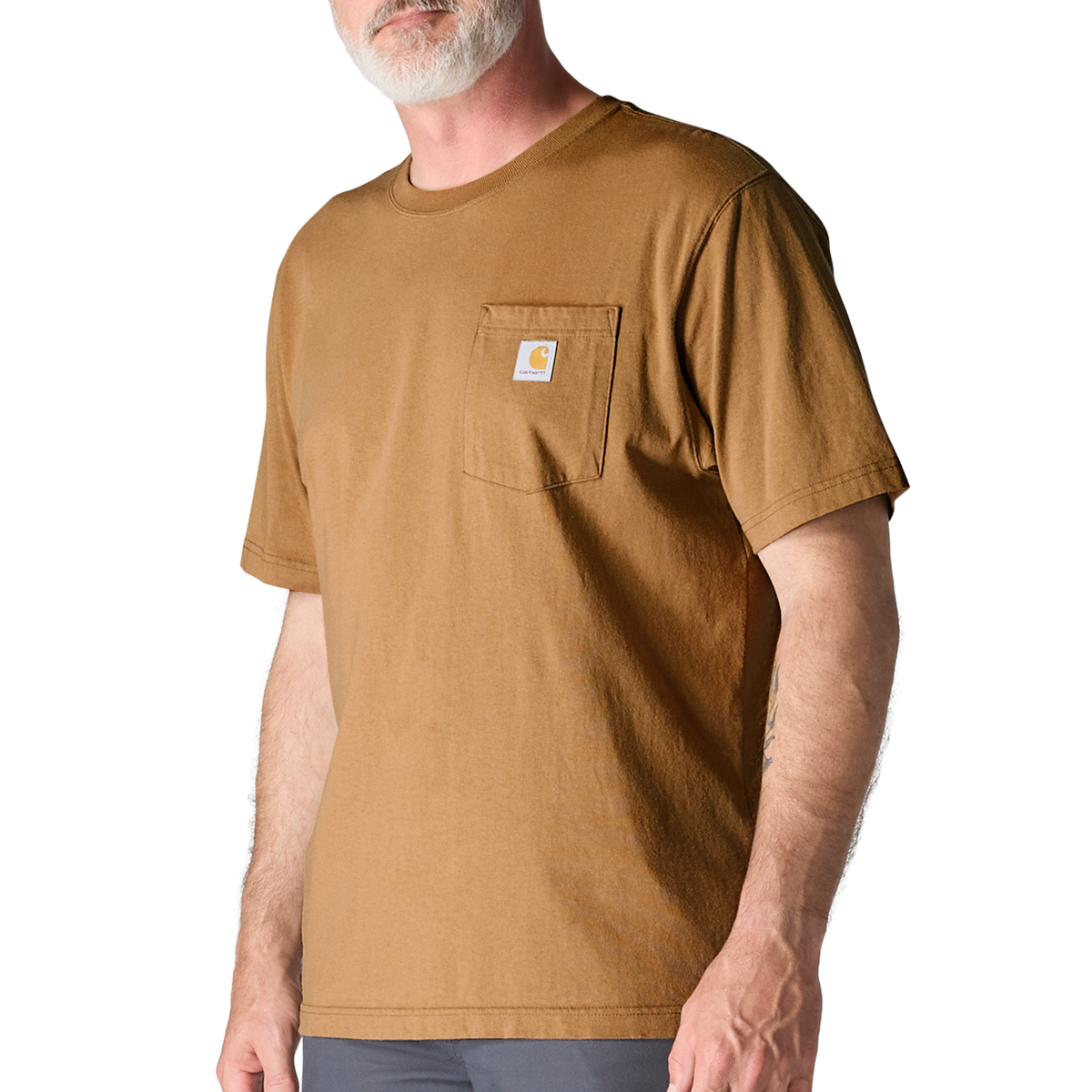 Carhartt men's brown K87 pocket T-shirt with crew neckline, soft cotton fabric, and iconic Carhartt branding on the chest pocket.
