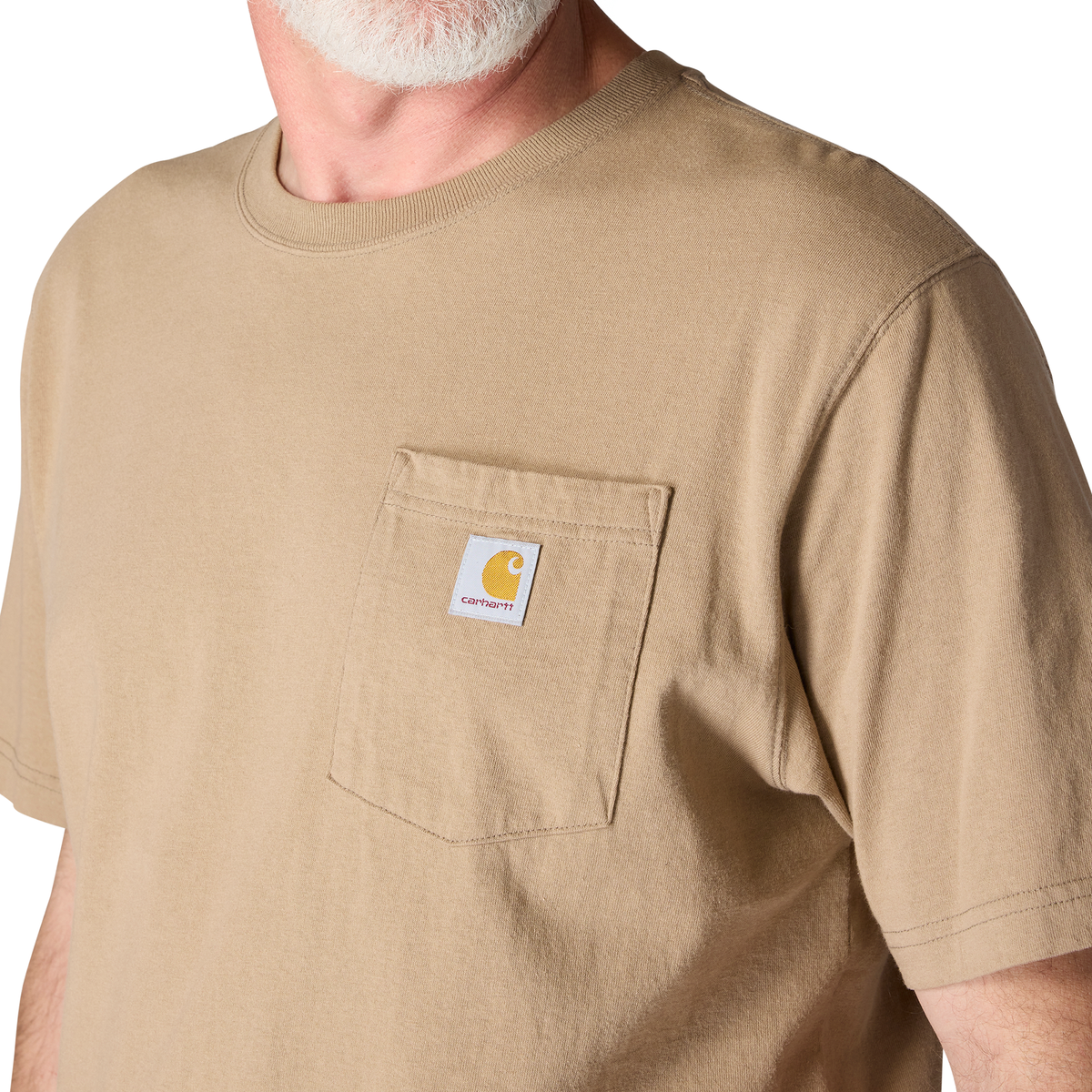 Carhartt Men's K87 Desert Pocket T-Shirt, casual cotton tee with chest pocket and Carhartt logo, in a desert color.
