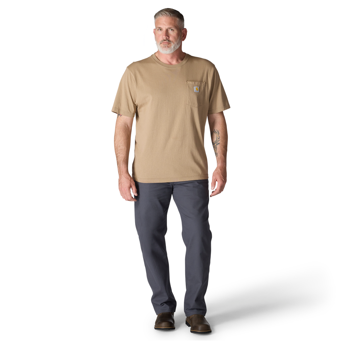 Carhartt Men's Iconic K87 Pocket T-Shirt in Desert color, casual cotton t-shirt with front pocket and Carhartt branding.