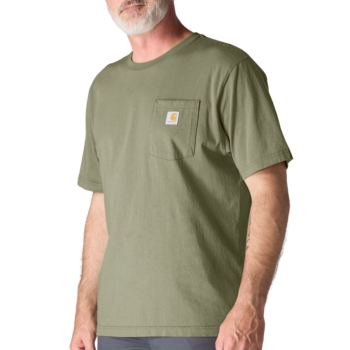 Carhartt Men's Dusty Olive Iconic K87 Pocket T-Shirt, casual cotton t-shirt with chest pocket and Carhartt branding.