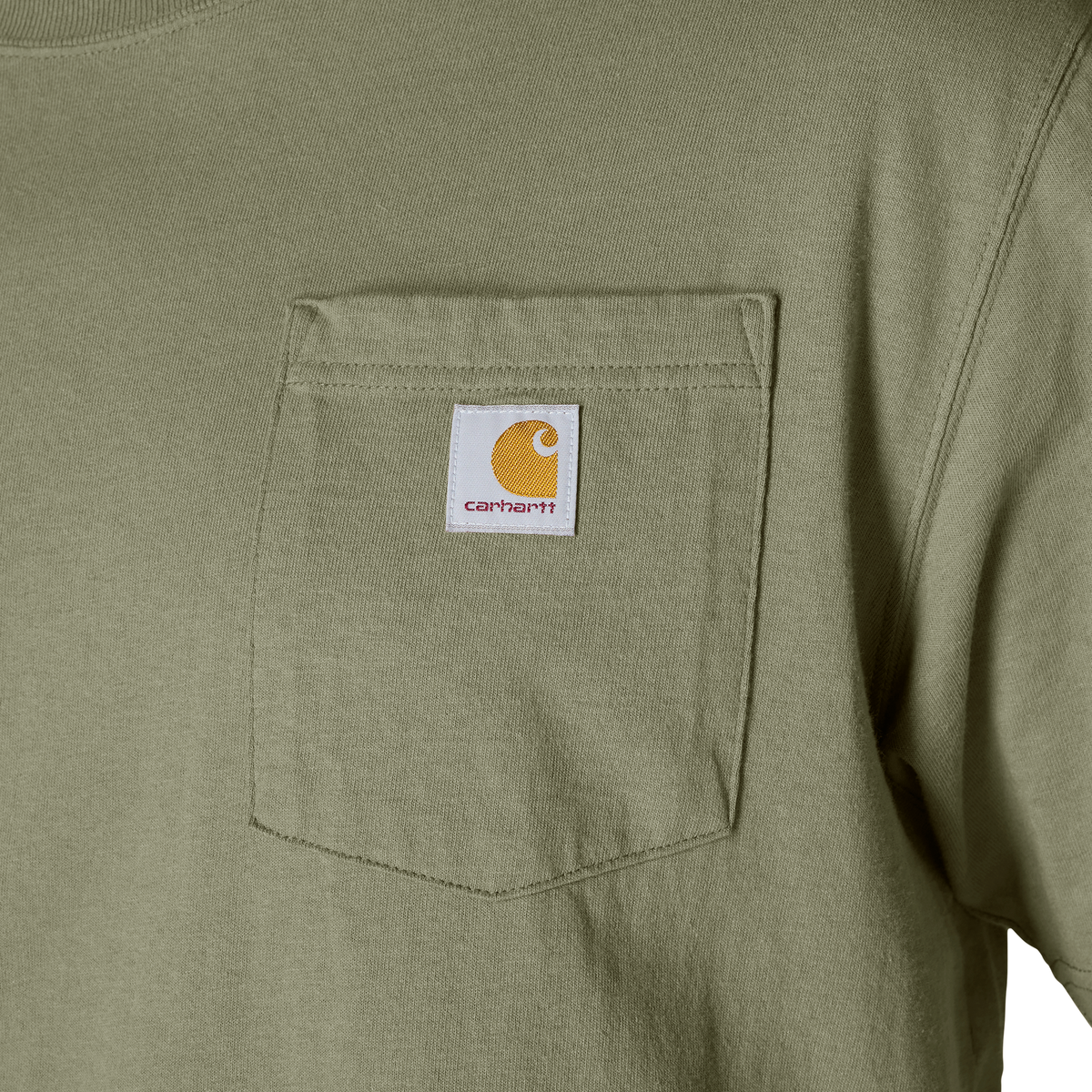 Carhartt Men's Iconic K87 Pocket T-Shirt in Dusty Olive, soft cotton, with chest pocket and classic fit, casual and durable style.
