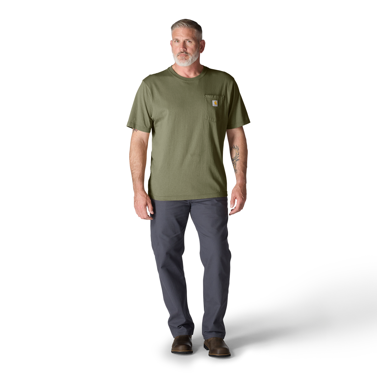 Carhartt men's Dusty Olive Iconic K87 pocket T-shirt with front chest pocket and short sleeves, casual and comfortable fit.